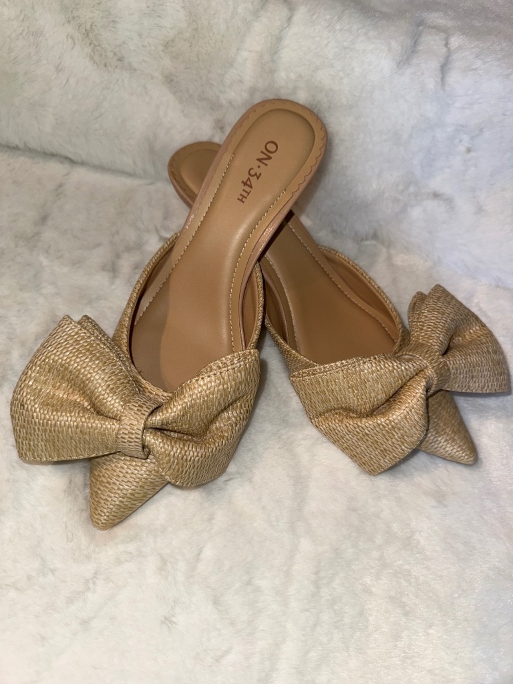 On 34th Women’s Gold Bow Pointed Toe Mule Heels